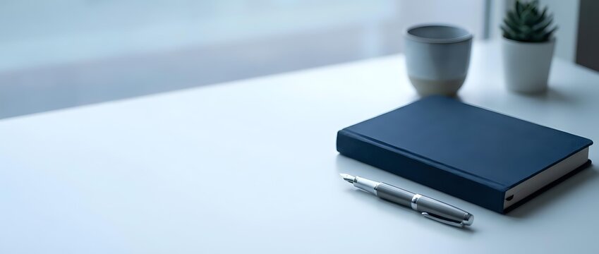 Minimalist workspace with closed notebook and pen on clean white desk surface near window with natural light and small potted plants in background.