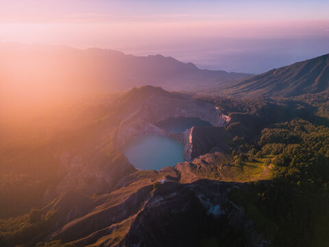 Beautiful morning aerial view of Kelimutu Crater Lakes, Moni, Flores, Indonesia. Travel photo from drone during the sunrise