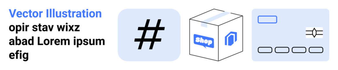 Obraz premium metadata tag symbol, delivery box with shop label, and card-thumbs up design portraying digital trends. Ideal for marketing, online shopping, branding, social networking, logistics, transactions