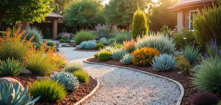 Manicured xeriscape garden with drought tolerant plants, gravel paths outside residential house. Water saving landscaping features succulents agaves, ornamental grasses. Warm sunset light illuminates