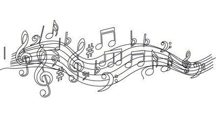 Flowing Musical Notes Graphic Design Element in Black and White Line Art