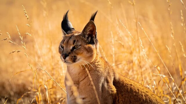 Wild caracal sitting in golden tall grass