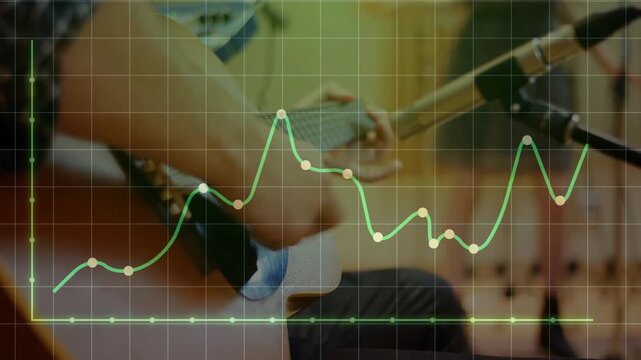 Musician strumming guitar in studio first pluck raising green waveform overlay toward mic for audio