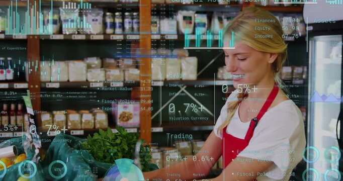 Clerk entering, arranging produce, checking tomatoes, smiling at camera, restocking, HUD overlaying