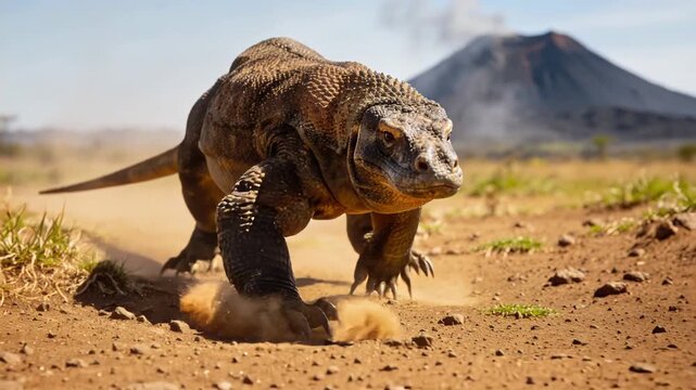 Powerful komodo dragon running on a dusty path with a smoking volcano in the background