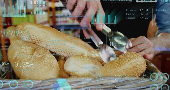 After customer request bakery staff using tongs selecting rotating showing bread with HUD overlays
