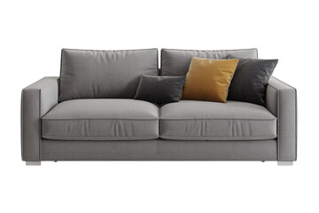 Fototapeta premium Modern gray sofa with throw pillows in warm cozy lighting on white background for home decor