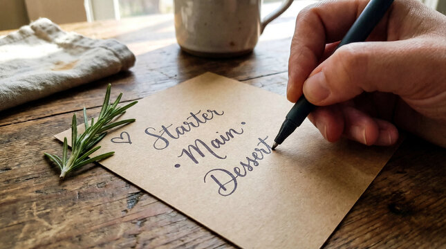 Close-up of a hand writing a Valentine's Day dinner menu on kraft paper, romantic meal planning 