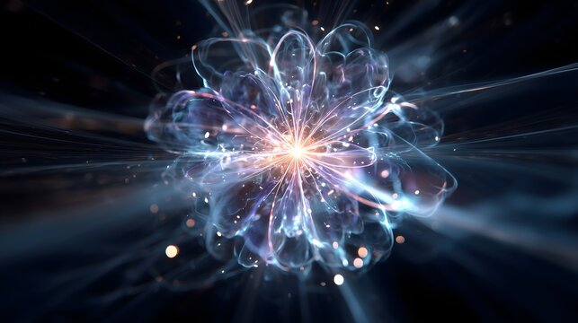 Glowing energy core exploding with bright light trails, futuristic sci fi power burst, abstract technology energy effect for modern innovation and AI concepts