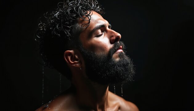 Man with wet curly hair, beard closed eyes in studio. Side light shapes face creating deep shadows. Water drops run down skin. Intense gaze, calm emotion, male beauty. Dark moody background, high