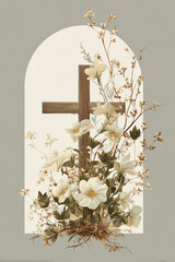 Floral Wooden Cross Christian Art &ndash; Generative AI