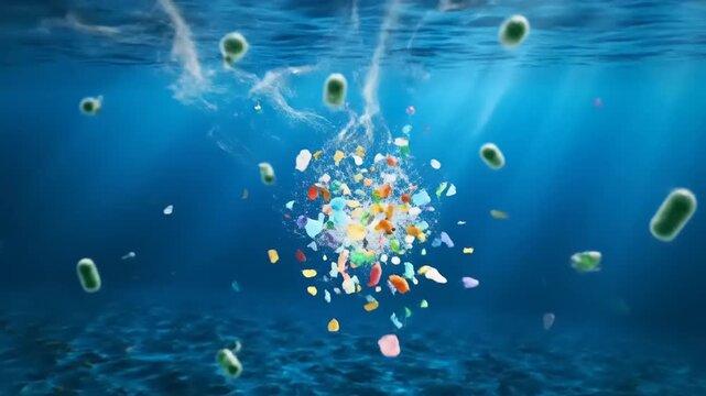 Microorganisms breaking down microplastics in ocean water, conceptual 3D animation of marine environmental cleanup and bioremediation process