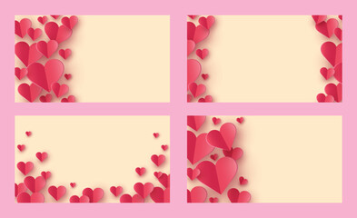 Set of backgrounds with flying paper cut hearts. Abstract concept for Valentine&rsquo;s Day, Mother&rsquo;s Day and Women&rsquo;s Day. Vector illustration