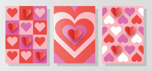 Set of abstract backgrounds with paper cut heart. Abstract design or Valentine&rsquo;s Day, Mother&rsquo;s Day and Women&rsquo;s Day. Vector illustration
