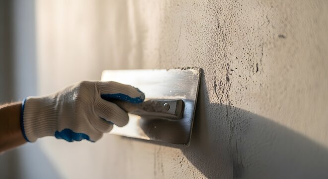 Close up of a person using an electric sander on a textured wall during home renovation