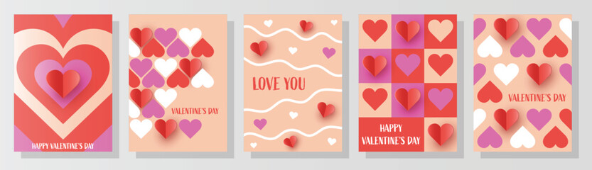 Collection of abstract greeting cards with paper cut heart. Modern design for Valentine&rsquo;s Day. Vector illustration
