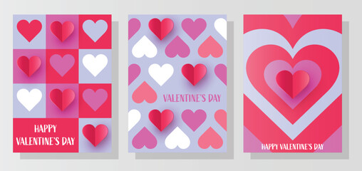 Collection of abstract greeting cards with paper cut heart. Modern design for Valentine&rsquo;s Day. Vector illustration