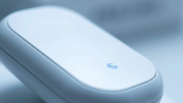 Close up of white wireless mouse with light, technology and innovation concept.