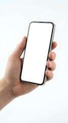 Hand holding smartphone with blank white screen mockup for app presentation and mobile interface design on clean background.