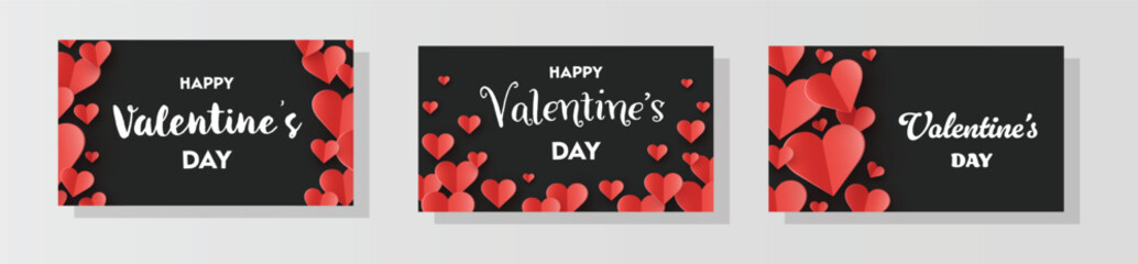 Set of Valentine&rsquo;s Day greeting cards with floating paper cut hearts. Abstract background design. Vector illustration