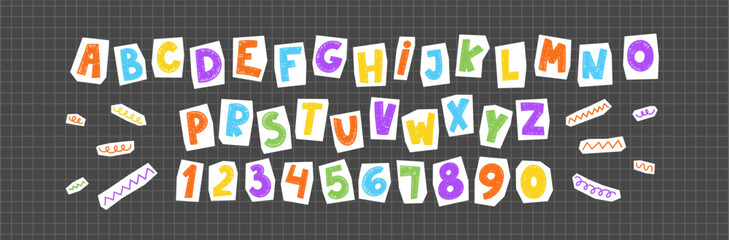 Obraz na płótnie Canvas Retro cutout alphabet stickers featuring torn edges and vintage aesthetic. Colorful collection of letters, numbers. Vector illustration.