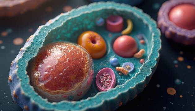 Close-up 3D render of human cell interior. Vibrant organelles float within cytoplasm. Detailed cell model shows nucleus mitochondria endoplasmic reticulum and ribosomes, life science.