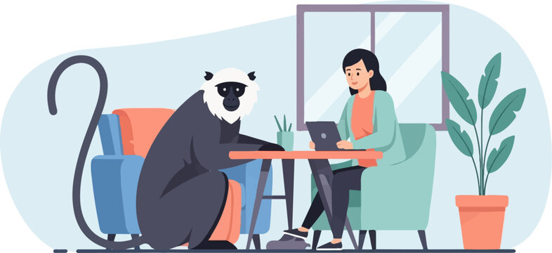 Flat illustration of a woman and monkey working on laptops in a room