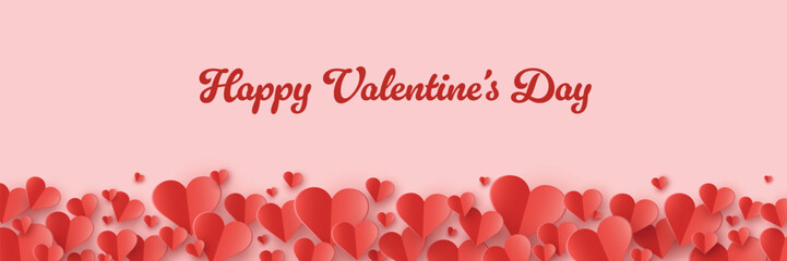 Happy Valentine&rsquo;s Day greeting card with flying paper cut hearts. Banner. Vector illustration