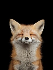 Fototapeta premium Red fox portrait with closed eyes showing peaceful expression on black background isolated for wildlife and nature designs.