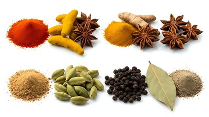 Obraz premium Aromatic spices and herbs collection isolated on white background featuring turmeric, paprika, star anise, ginger, cardamom, peppercorns and bay leaves.