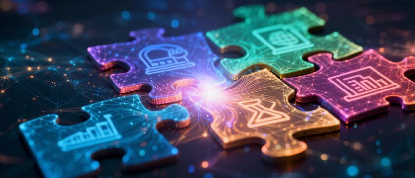 Colorful Puzzle Pieces with Tech Icons on a Digital Network Background Representing Data Integration and Business Solutions