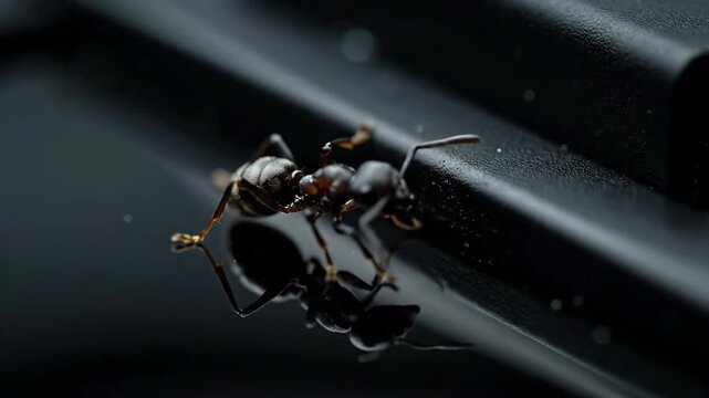 Detailed macro shot of one ant crawling on a black surface, closeup.
