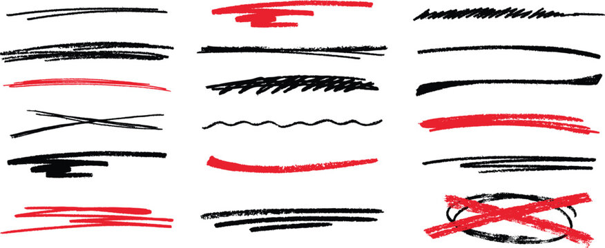 Hand-Drawn Grunge Strikethroughs, Charcoal Underlines, Crayon Scribbles, and Rough Sketch Stroke Elements Set