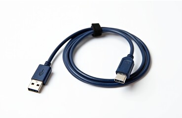Dark blue USB-A to USB-C cable coiled on white surface. This wire connects devices for data transfer and charging power. It has a universal connector type for many gadgets.