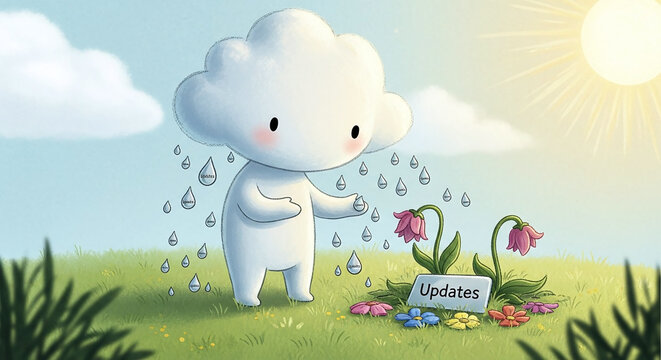 Cute cloud character watering updates flower in sunny digital meadow