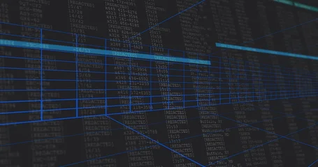 Fotobehang Buffet Rendering wireframe with cyan bar overlaying text columns in virtual UI, REDACTED labels  © vectorfusionart