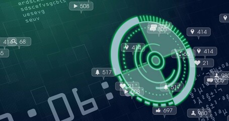 Rotating neon-green radar HUD scanning digital dashboard, with floating icon badges, copy space