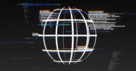 Fotobehang Vlees Displaying stylized wireframe globe rotating in virtual HUD, with chromatic glitch, code, scanlines  © vectorfusionart