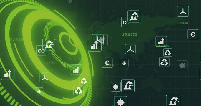 Displaying concentric HUD rings left, showing recycling, CO2, euro on world grid, copy space