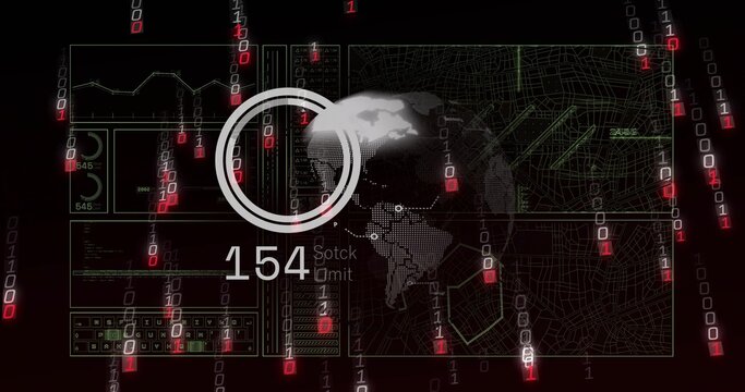 Displaying digital HUD in dark space with dotted continent map, rings, value 154 and binary streams