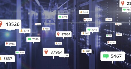 Fototapeta premium Displaying central server racks in data center aisle, with floating UI callouts and LEDs