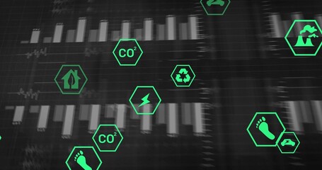 Displaying neon-green hexagonal icons over monitor UI, showing bars, lines, grid axis