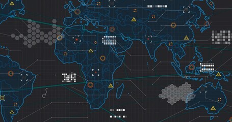 Naklejka premium Displaying blue-outlined global map on dark technical UI, showing hex clusters, warning icons