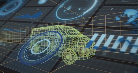 Obraz premium Rendering yellow-green wireframe compact car rotating in virtual 3D simulation, with blue HUD rings