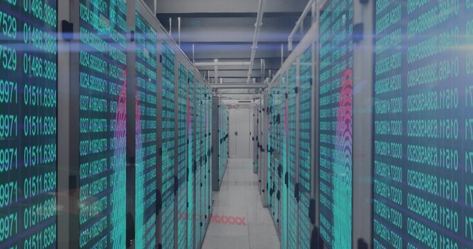 Showing central server-rack aisle reflecting turquoise code on glass fronts in data center corridor
