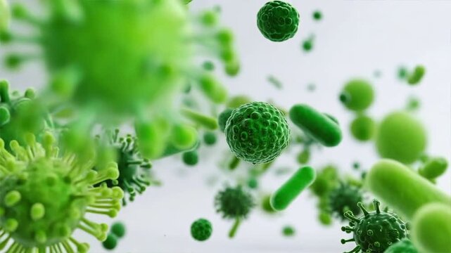 Colorful microscopic view of green bacteria and germs in a visually striking abstract pattern.