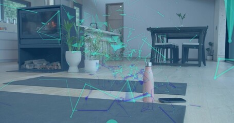 Naklejka premium Placing two dark yoga mats in living room at home, showing pink bottle, phone and wireframe-overlay