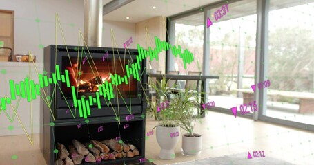 Naklejka premium Flickering black wood-burning stove showing flame and firewood in living area with AR overlay