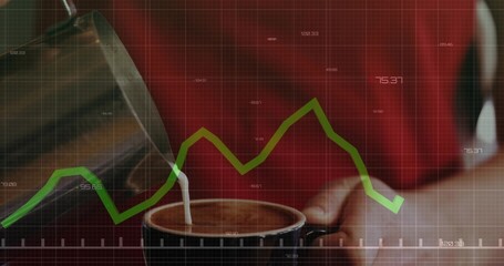 Pouring metal milk pitcher over ceramic cup at cafe, red top hand steadying cup, green overlay