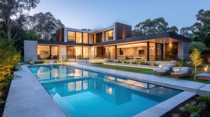 Fototapeta premium Modern luxury home with pool and elegant landscape at dusk
